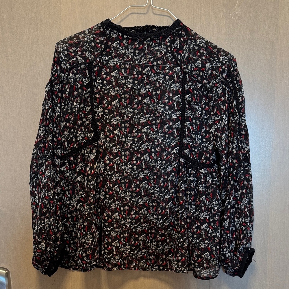Zara S Black and Red Floral Sheer Blouse